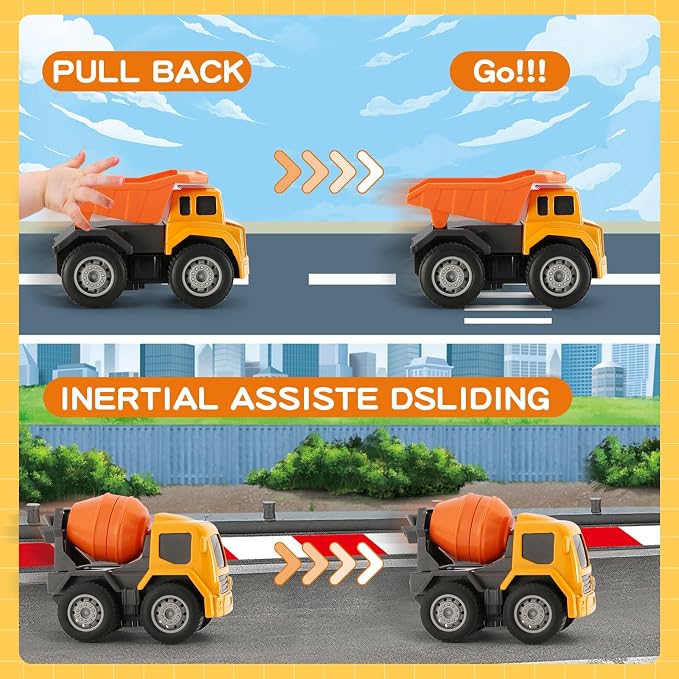 6-in-1 Mini Die Cast Alloy Construction Vehicle Set, Pull Back Toy Cars for 3 4 5 Year Old Boys Girls, Outdoor Boys Girls Toys, Ideal Gift for Birthday Party Favors & Christmas Stocking Stuffers