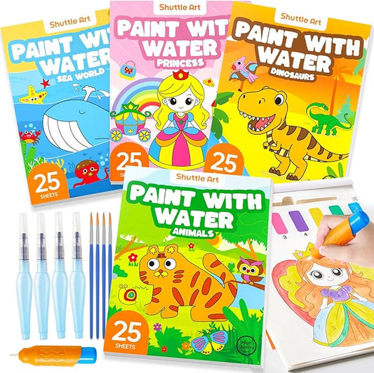 Shuttle Art Paint with Water Coloring Book for Kids, Pack of 4, 100 Sheets Watercolor Paint Set for Kids Ages 3-5, 4-8, Mess Free Travel Art Supplies, Birthday Christmas Craft Gift