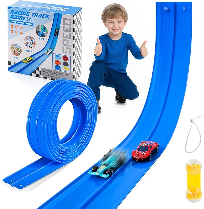 Flexible Race Track for Kids - 15 Ft Flex Track Race Car Tracks with Car Ramp Toy, Fit for Monster Truck Track & Kids' Play Cars, Race Tracks for Toddlers 3+, Gifts for Boys Girls (Dark Blue)