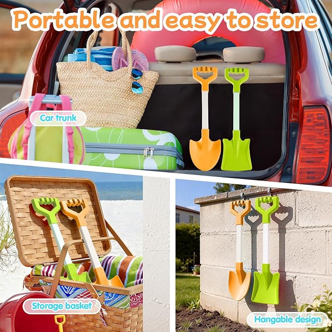 20 Inch Beach Sand Shovels for Kids, Heavy Duty Plastic Spades, 2 Pack Set for Sandbox Garden Snow Digging (Orange-Green)