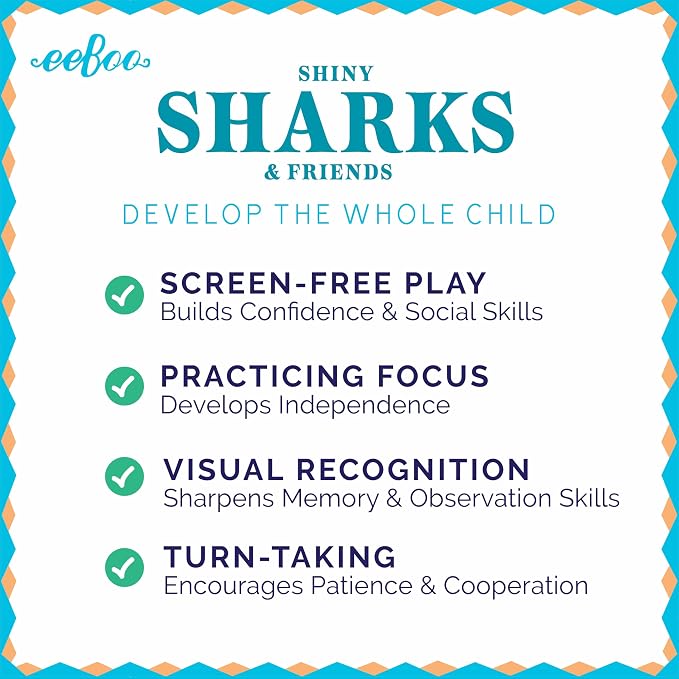 eeBoo: Memory & Matching Game- Shiny Sharks & Friends - 24 Matching Pairs, Educational Preschool Game, Kids Ages 3+, 1-4 Players