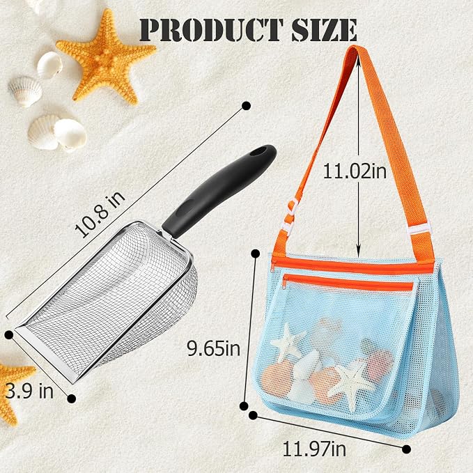 Beach Mesh Shovel with Mesh Beach Bag for Picking Up Shell,Metal Shark Tooth Sifter Sand Dipper Beach Scoop for Kids Boys Girls