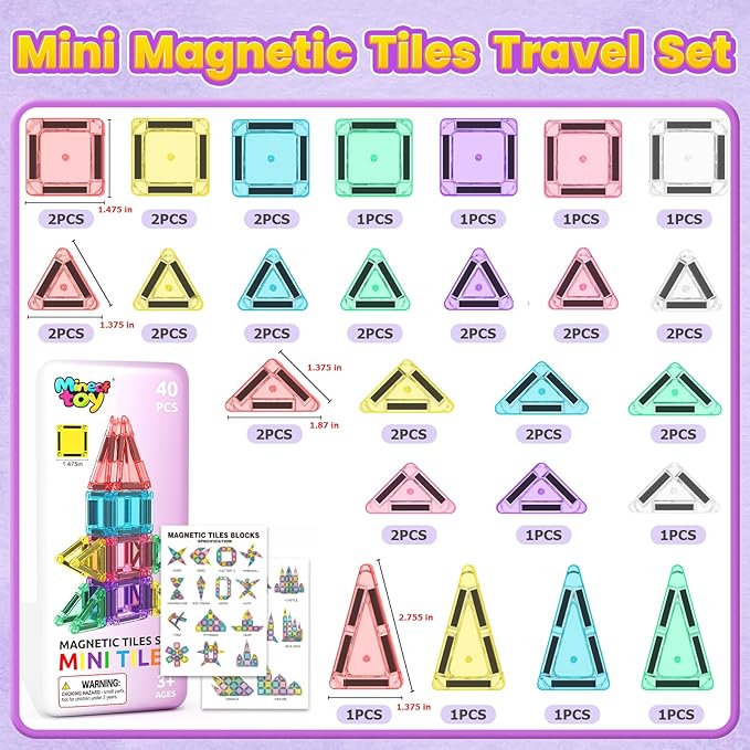 40PCS Magnetic Tiles Mini Travel Essentials Toddler Toys with Case Set, Preschool Montessori Education Magnetic Building Blocks Games Sensory Toys for 3 4 5 Year Old Boys Girls Birthday Gifts