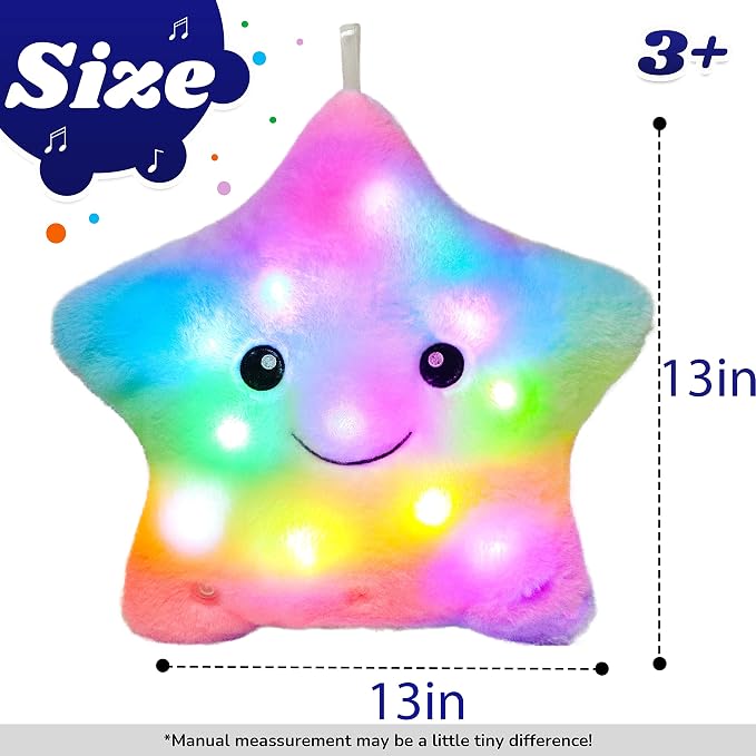 13" Musical Rainbow Star Plush Pillow Glowing Twinkle Night Light Stuffed Animal LED Toys Adjustable Volume Birthday for Girls Boys