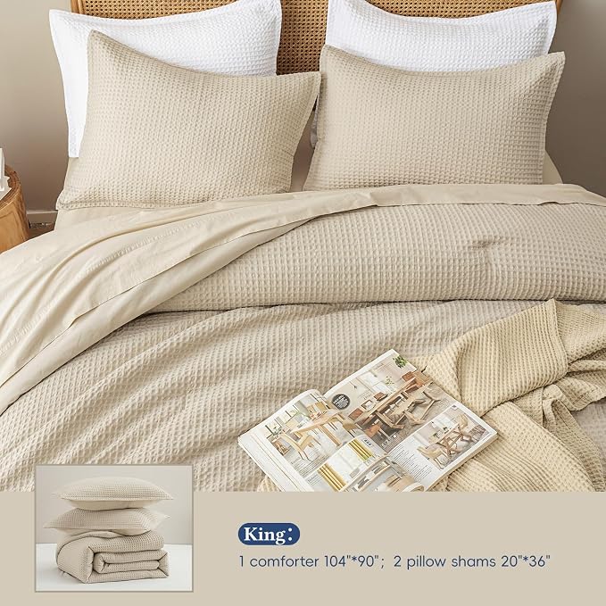 David's Home Waffle Weave Comforter Set 3PCS King Size, Soft Breathable Lightweight Cozy Skin-Friendly Warm for All Season, Elegant Aesthetic Home Decor Bedding Set with Pillow Shams, Linen