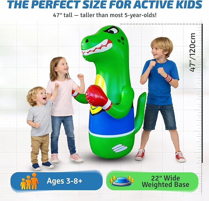 Preferred Toys 47" Inflatable Dinosaur Punching Bag for Kids - Durable Blow Up Kids Punching Bag with Bounce Back Base - Inflatable Indoor Outdoor Active Toddler Bop Play Toy