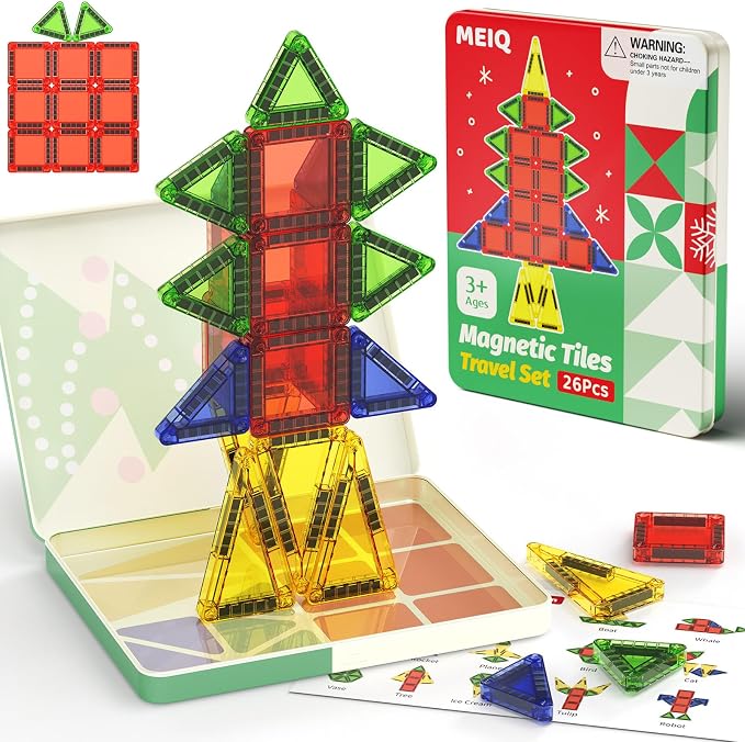 Travel Magnetic Tiles for Kids, 26 PCs Mini Magnetic Building Blocks with Festive Iron Storage Box, STEM Travel Toys for Toddlers Ages 3-5+, Educational Learning Gift for Boys & Girls