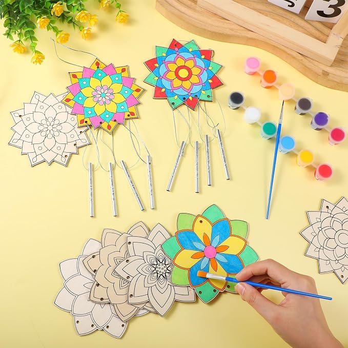 Silipull 24 Sets Lotus Flower Wind Chimes Craft for Kids Color Your Own Mandala Windchime DIY Unfinished Wood Hanging Ornaments Coloring Wind Chime for Spring Summer Kids Gifts School Party Supplies