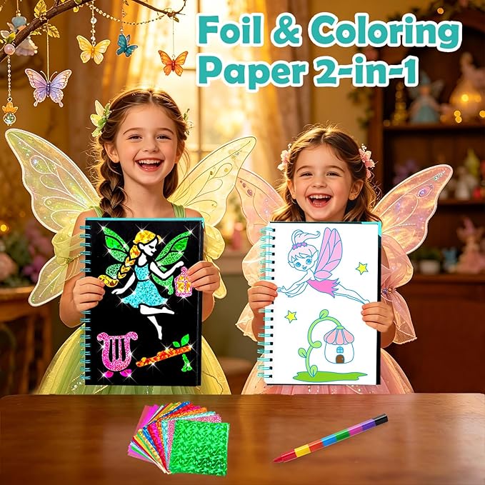 FUNNYB&G Foil Art Craft Kit for Girls 4-10 Years Old: Mess-Free & No-Glue, Create 16 Sparkly Fairy Pictures – Perfect Travel Toy & Birthday Gift for Kids（Fairy）
