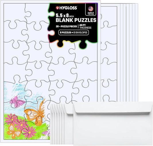 Hygloss 8 Blank Jigsaw Puzzles with Envelopes – 5.5 x 8 Inch, 28 Pieces Each – DYI Party invites, Perfect for Decorating, Kids' Activities, Arts & Crafts or Party Favors