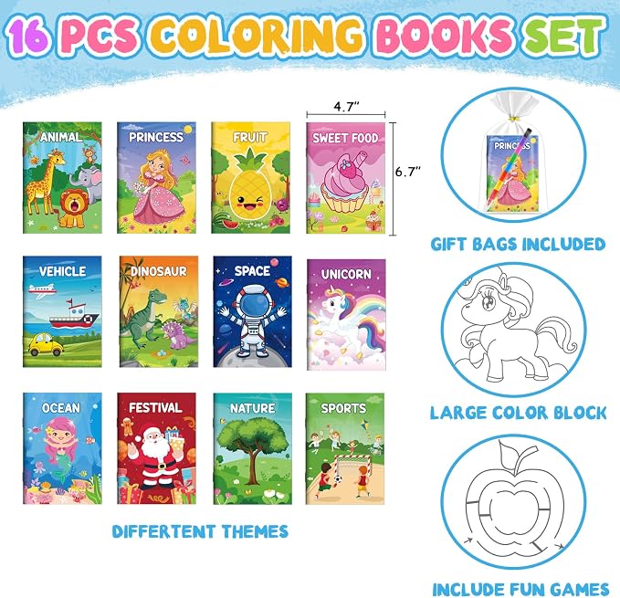 ZMLM 16 Pack Coloring Books for Kids with Crayons,Graduation Party Favors for Kids 4-8, Goodie Bags Stuffers for Toddlers, Classroom Prizes Birthday Return Gifts (Party)
