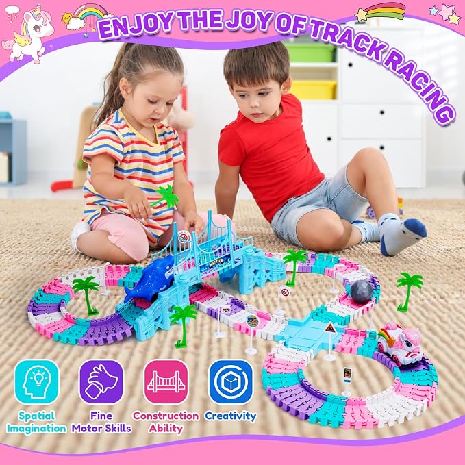 Race Track Toys for 3 4 5 Year Old Girls Gifts: Unicorn & Shark 194PCS Flexible Racetrack for Kids Ages 4-8 | Monster Truck Car Toys for Toddlers 3-6 | Magic Tracks Toddler Girls Toys Age 6-8