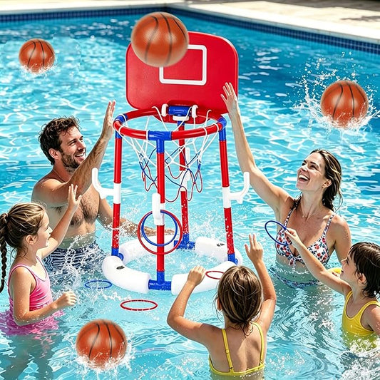 Taotuo Red Floating Pool Basketball Hoop with Backboard, 2-in-1 Poor Toy Basketball & Ring Toss Game with 4 Balls, 6 Rings&Pump, Summer Pool Toys Indoor&Outdoor Water Fun Family Party for Age 3-12