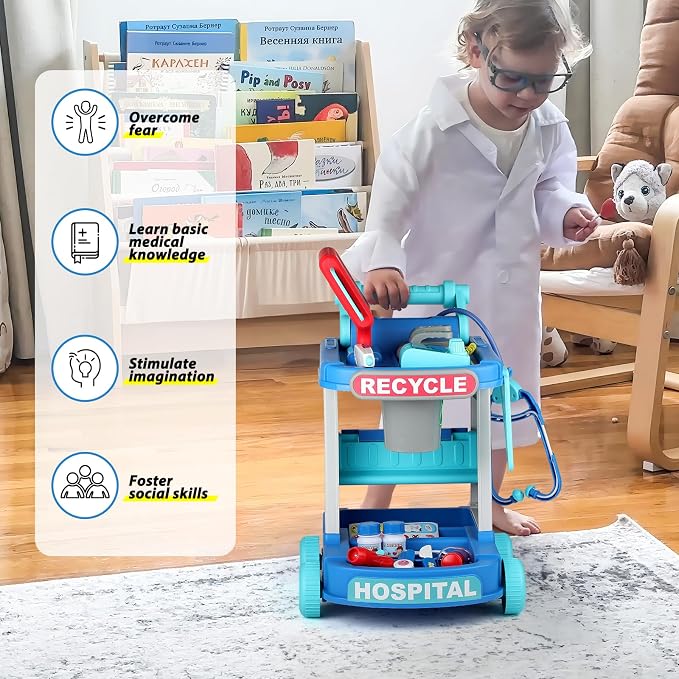 Liberry Doctor Kit for Toddlers Ages 3 4 5, Pretend Kids Doctor Playset with Cart, Costume and Stethoscope, Role Play Medical Toys Birthday Gift for Girls Boys (Green)