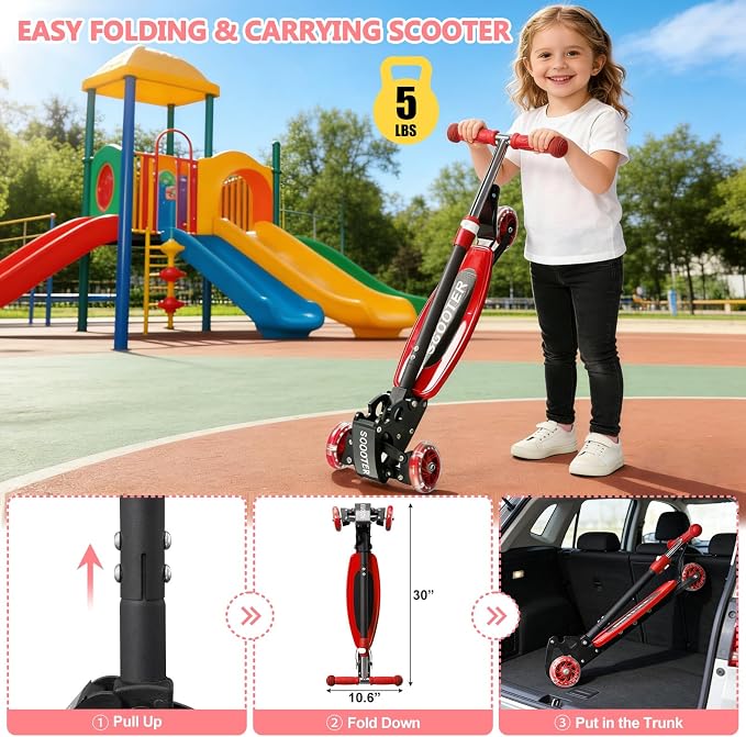 3 Wheel Scooters for Kids 2-5 5-7 Years, 4 Adjustable Heights Foldable Metal Toddler Scooter for Boys Girls Up to 120 lbs, Lean-to-Steer, Dual Rear Brake Widen Anti-Slip Deck