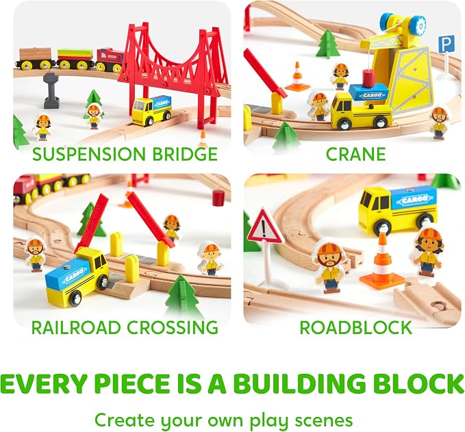 60PCS Wooden Train Set - Toy Magnetic Trains with Wooden Track Set for Kids Ages 3-8, Construction Crane Railway Set, Perfect Easter Birthday Gift for Grandkids Toddlers Boys Girls