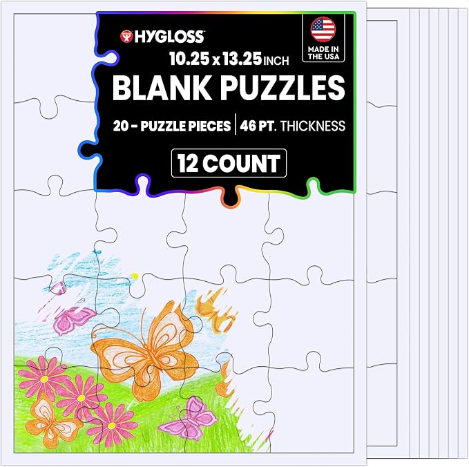 Hygloss 12 Blank Jigsaw Puzzles – 10.25 x 13.25 Inch, 20 Pieces Each – DYI Party invites, Perfect for Decorating, Kids' Activities, Arts & Crafts or Party Favors - Puzzle Pieces to Draw On for Crafts