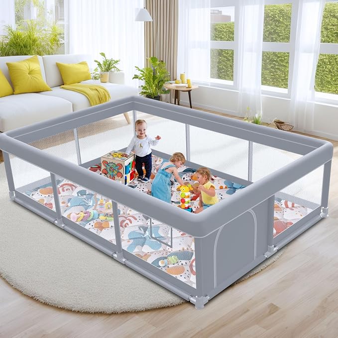 besuhot Baby Playpen 74"x50" with Mat Play Pens for Babies and Toddlers, Large Play Yards for Indoor & Outdoor with Zipper Gates