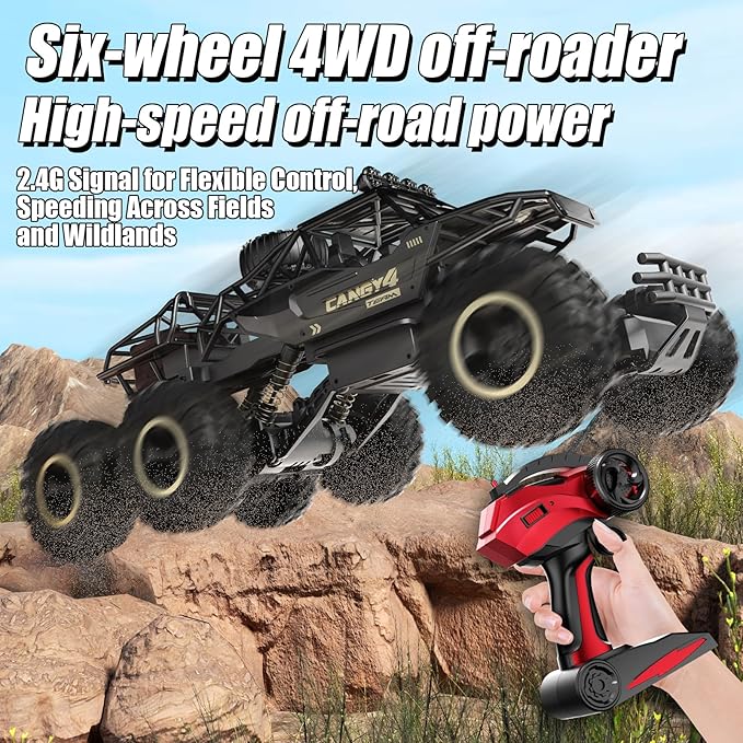 Jiakora Large Size RC Cars, Rock Crawler RC Truck with 2 Rechargeable Batteries, 6 Wheel Remote Control Monster Truck, Durable Metal Body & LED Headlights, Boy Toys for 4-7, 8-12 Kids & Adults