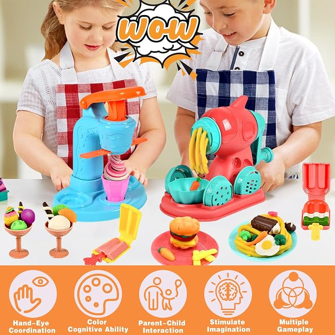 Crelloci 3 in 1 Color Dough Kitchen Creations Set, Ice Cream Spaghetti Burger Maker Machine, Art Crafts Food Modeling Toys, Accessories Tools Kit for Boys Girls Kids Toddlers Ages 3+ (12 Colors Dough)