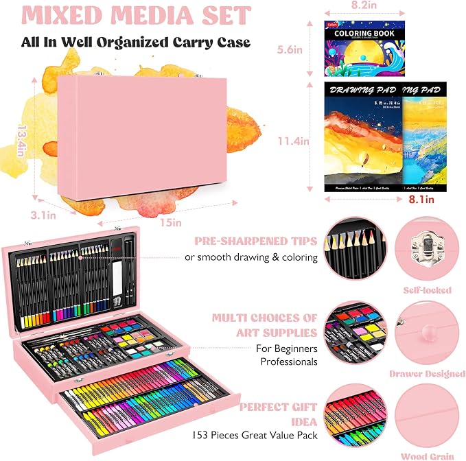 Caliart Art Supplies, 153-Pack Deluxe Art Set in Wooden Case, Crafts Drawing Painting Kits with 2 A4 Sketch Pads, Coloring Book, Stocking Stuffers Gifts for Teens Girls Kids Artists
