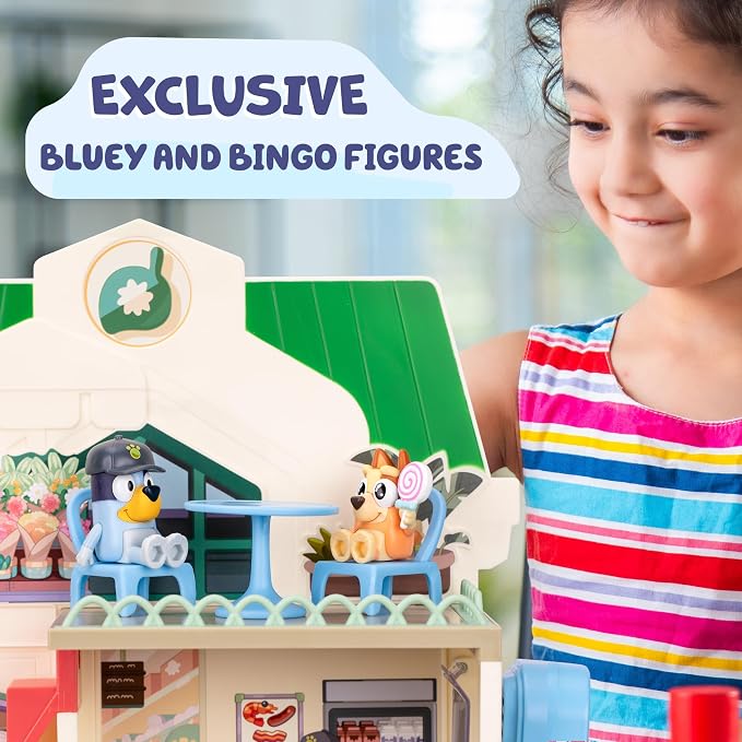 Bluey and Bingo Supermarket Playset with Escalator, Pretend Play Toys for Toddlers, Sounds and 15 Pieces, Bluey Grocery Store Playset