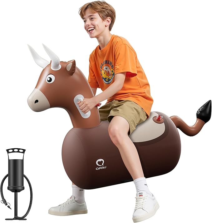 QPAU Large Inflatable Bull Hopper Bouncy Toy, 250lbs High Capacity Ride-on Animal for Kids & Adults, Soft Fabric Cover & Pump, Durable Puncture-Resistant Bouncer for Family Party Gift
