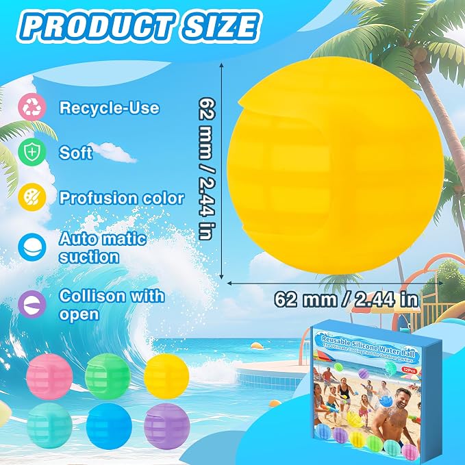 12 Pack Reusable Water Balloons, Squeeze Self-Sealing Quick Fill Silicone Water Bombs, Water Fight Toys for Summer Outdoor Pool Beach Backyard Games for Kids & Adults
