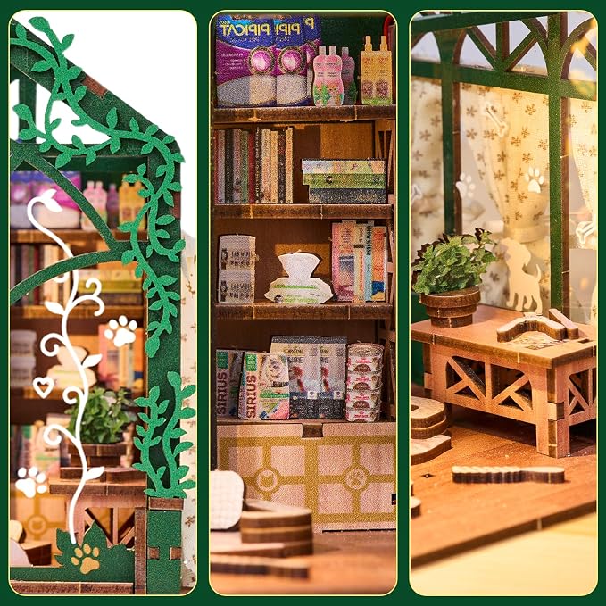 DIY Miniature Dollhouse Kit,3D Wooden Puzzles for Adults to Build, Birthday/Christmas Day Gift for Pet Lovers,Mini Furbabies‘ House with LED Lights,Pet Paradise