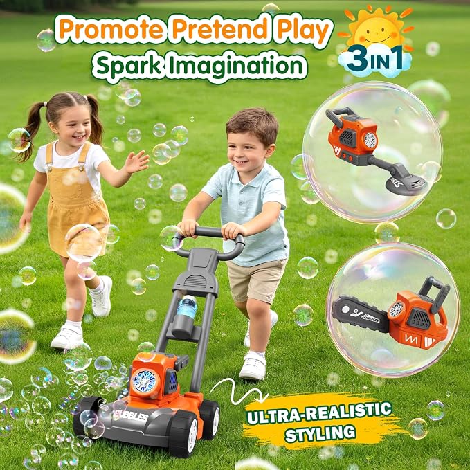 Bubble Lawn Mower for Kids, 3-in-1 Bubble Machine Blower with 10 Bubble Solution, Outdoor Push Toys for Toddlers Ages 3-8, Birthday Easter Summer Gift for Boys Girls 3 4 5 6 7 8 Year Old