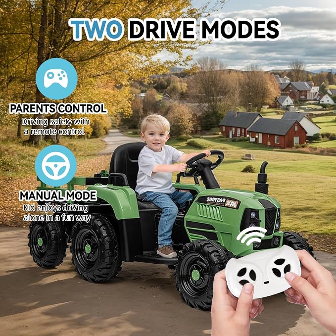 24V Ride on Tractor with Trailer, 400W Electric Car for Kids, Toddler Ride On Toy W/Remote Control, 3 Speed Adjustable, MP3, Bluetooth, LED Light, Blue