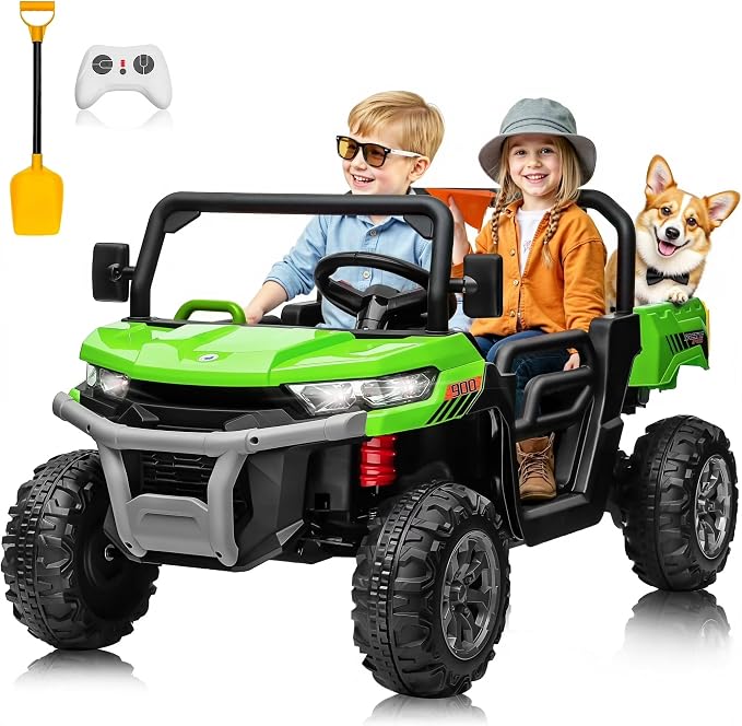 Joyracer 4WD 24 Volt Ride on Toys, 800W Ride on Truck for Kids, 2 Seater Power Car Wheels w/Dump Bed & Shovel, Ride on UTV w/Remote Control, Bluetooth, LED Lights,Green