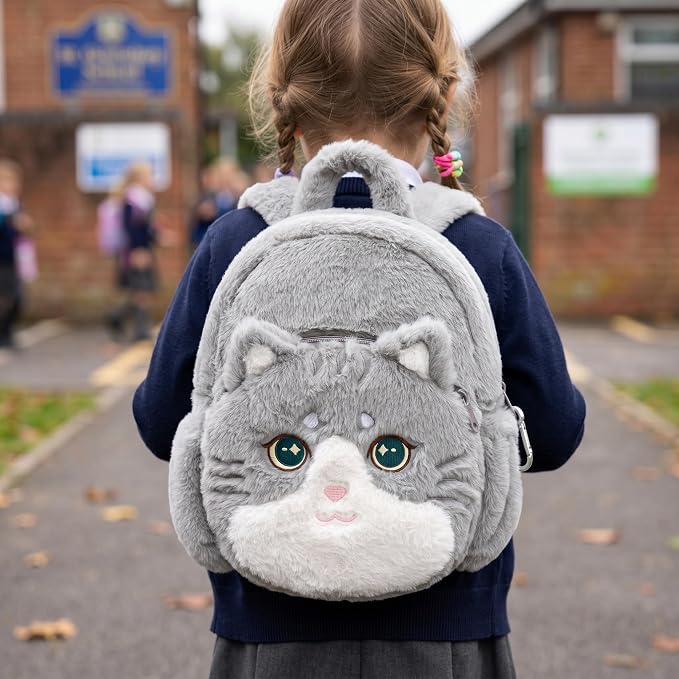 Lazada Adorable Grey Cat - Shaped Plush Backpack for Kids & Teens | Soft, Cuddly & Functional School and Travel Companion 11Inches