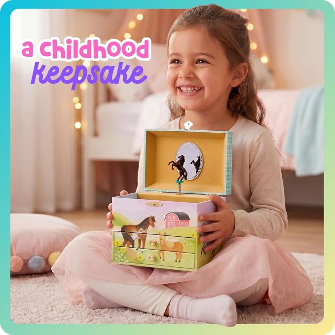 Giggle & Honey Musical Horse Jewelry Box for Girls - Kids Dancing Horse Music Box with Mirror, Horse Gifts for Little Girls, Childrens Birthday Gift, Ages 3-10
