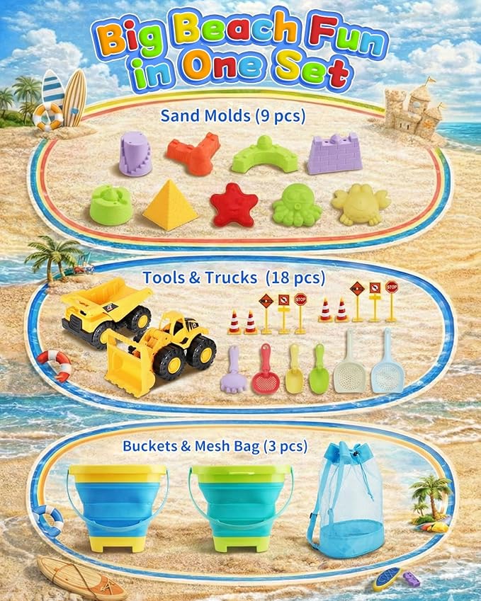 30PCS Beach Toys for Kids Ages 3-10, All-in-One Sand Toys Set with 2 Collapsible Buckets, Shovels, Trucks & Molds, Keep Kids Busy for Hours - Easy to Carry for Beach Travel Sandbox Play