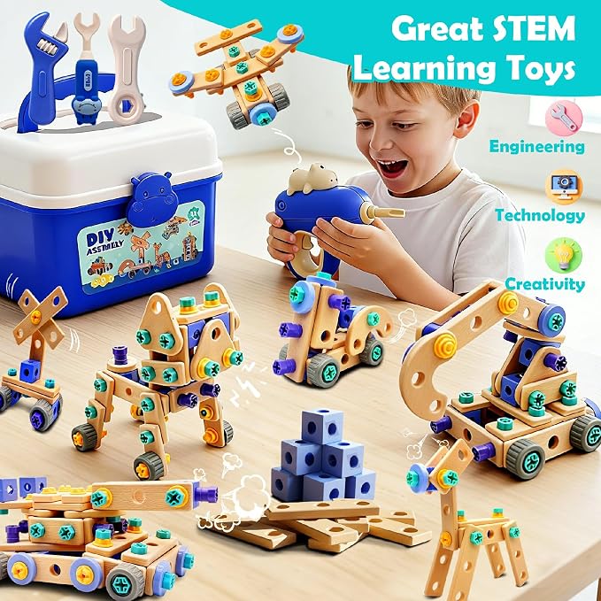 Kids STEM Building Toys For Ages 3-5 4-6 4-8 5-7 6-8 Years Old Boy Birthday Gift,101 Pcs Preschool Educational Construction Toys Tools Set With Drill,Toddler Design Drill Screw Toys (blue165)
