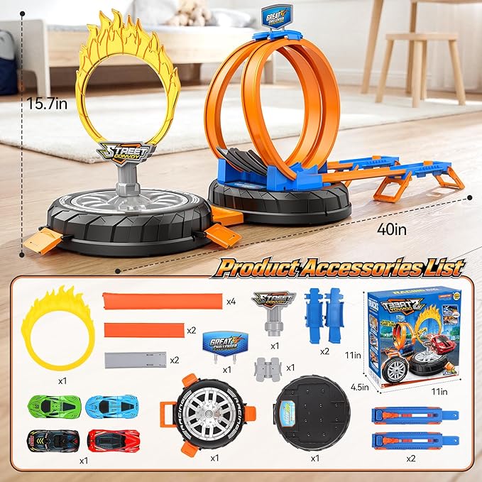 2026 Race Car Track Set Toy for Kids, Stunt Racing Playset with 360° Loop Car Track and Four 1:64 Scale Vehicles Gift Toys for Boys Girls Ages 3 4 5 6 7 8 (Standard)