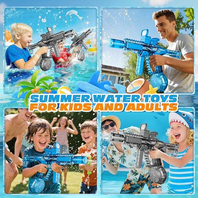 Electric Water Gun for Adults & Kids, Automatic Squirt Gun with 26 FT Range, Flashing Muzzle, USB Rechargeable Battery, 320cc Drum Reservoir, Outdoor Beach Pool Party Toys for Boys Girls,Blue
