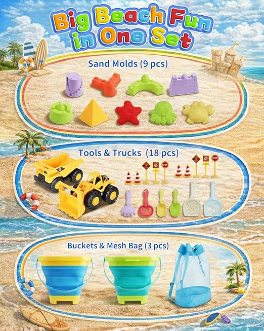30PCS Beach Toys for Kids Ages 3-10, All-in-One Sand Toy Set with 2 Collapsible Buckets, Mesh Bag for Easy Packing, Trucks, Sea Animal Molds, Shovels & Sieves for Beach, Sandbox & Snow Play