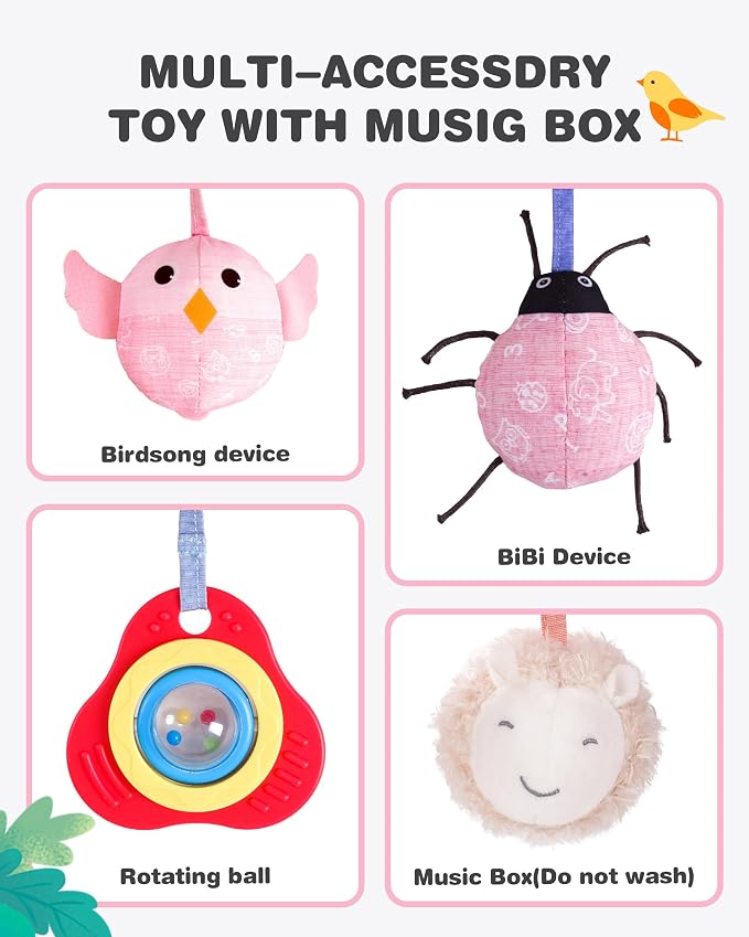 Jollybaby Crib Stroller Car Seat Toys for Baby 0-3-6-9-12 Months, Tummy Time Hanging Sensory Toys for Newborn with Music Box and Teether, Spiral Carseat Toy for Boys Girls Gifts (11-Sz Pink Elephant)