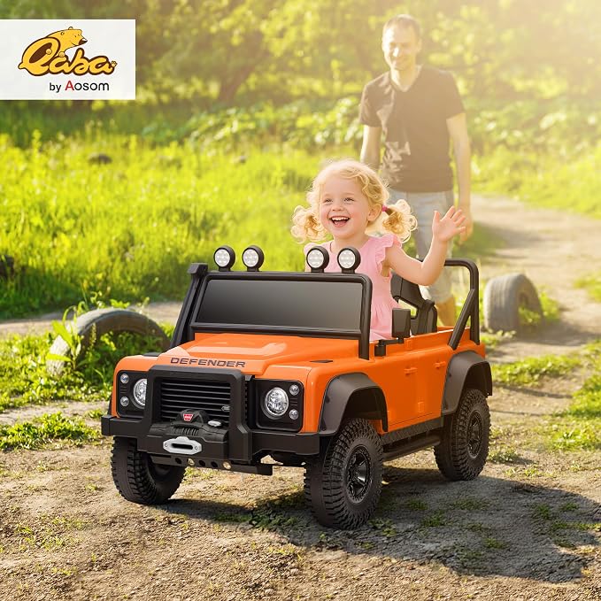 Qaba Land Rover 110SVX Licensed Electric Car for Kids, 12V Battery Powered Kids Ride On Car with Remote Control, Dual Motors, Spring Suspension, LED Lights, 3 Speeds Ride On Truck, Orange