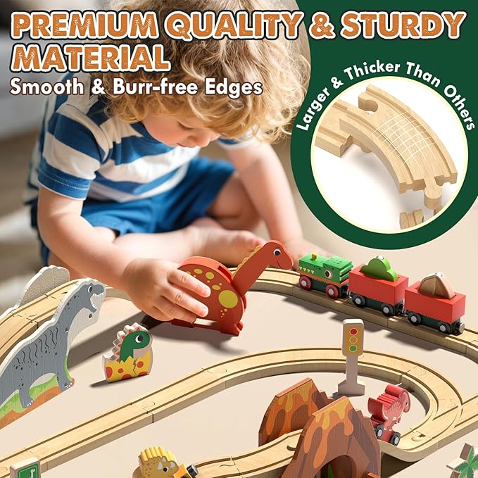 Lehoo Castle Wooden Train Set, Dinosaur Wooden Train Track Set, Wood Toy Train Set for Toddlers 2-4, Train Toys for Toddlers 3-5, Fits Thomas, Fits Brio, Fits Melissa and Doug