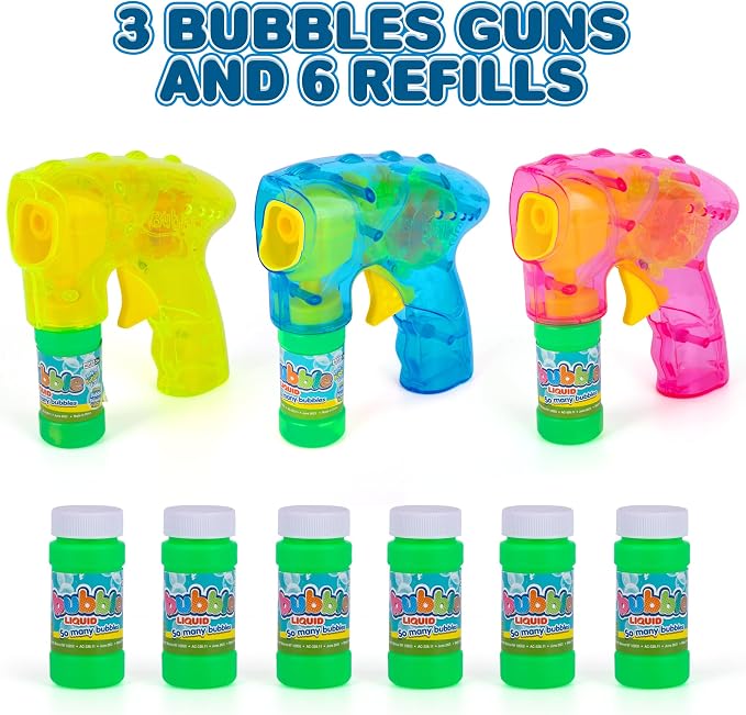 ArtCreativity 3 Pack Friction Powered Light Up Bubble Blaster Guns, Includes LED Bubbles Guns and 6 Bottles Fluid, Outdoor, Indoor Fun Gift Idea, Summer Party Favors (No Batteries Needed)