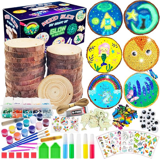 KIRKOTOY Wooden Crafts Kit for Kids-Glow in The Dark-Arts & Crafts Gifts for Boys Girls Age 6-12, 24 Wood Slices with Painting Craft Activities Kits, Creative Art Toys for 6 7 8 9 10 11 12 Year Old