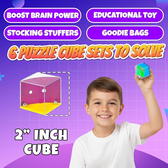 Brain Teaser Puzzle Cubes on Keychain (6 Pack) - Mini Maze Toys for Kids, Unique Party Favors, Goodie Bag Fillers, Treasure Box Classroom Rewards, Bulk Small Toys for Boys & Girls