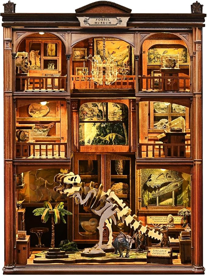 Book Nook 3D Wooden Puzzle Mini Building Kit DIY Dollhouse Diorama, Miniature Bookshelf Decor Unique Gift for Family and Friends - Fossil Museum