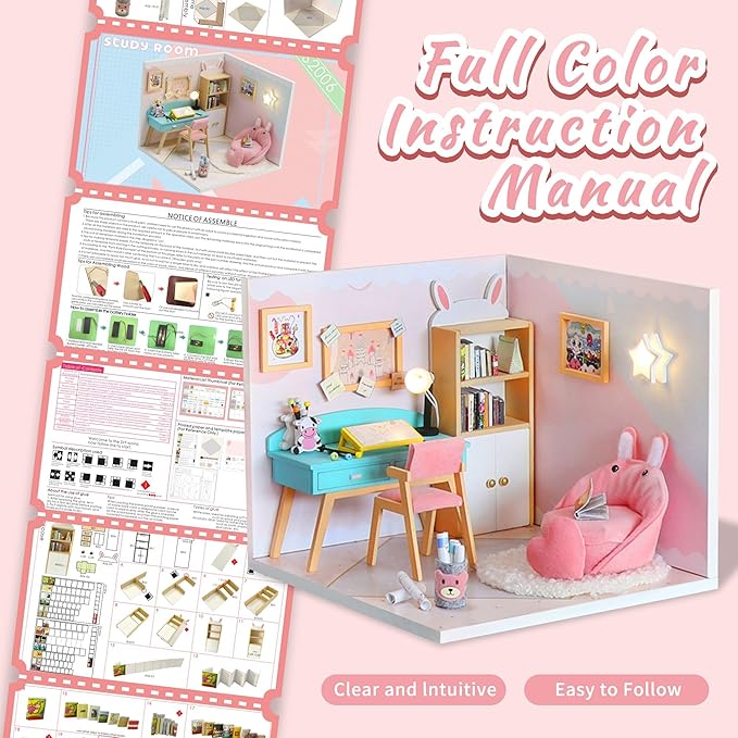 Kisoy Dollhouse Miniature with Furniture Kit, DIY 3D Wooden DIY House Kit A Corner of a Small Apartment Style with Dust Cover & LED,Handmade Tiny House Toys for Kids Adults Gift (Study Room)