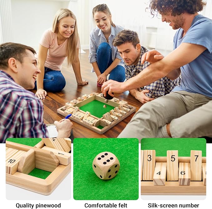 Ropoda Wooden Shut The Box Game (2-4 Players) - Large 4 Sided Board, 8 Dice, Rules - Amusing Addition Game for Kids & Adults, 12 Inch
