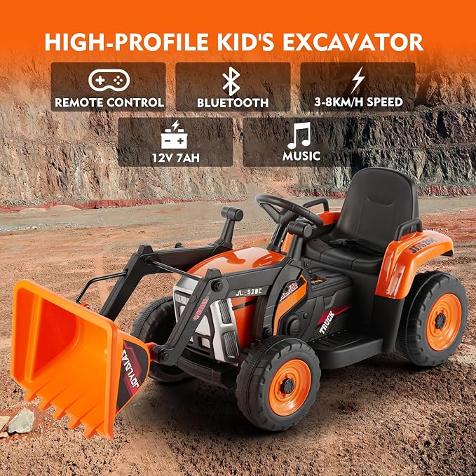 JOYLDIAS Ride On Excavator, 12V Electric Construction Vehicle Bulldozer/Tractor for Kids Digger with Remote Control, 3 Speeds, Bluetooth, Music, Lights, Orange