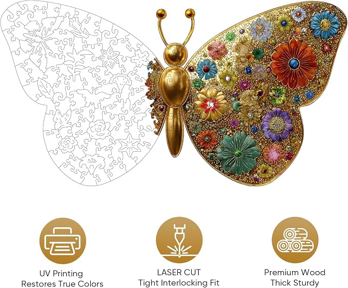 Mocfesk Wooden Puzzles for Adults, Golden Butterfly Puzzles, Unique Shaped Jigsaw Puzzles for Adults and Kids, Birthday Gifts Fun Family Game 13.8 x 7.4 in